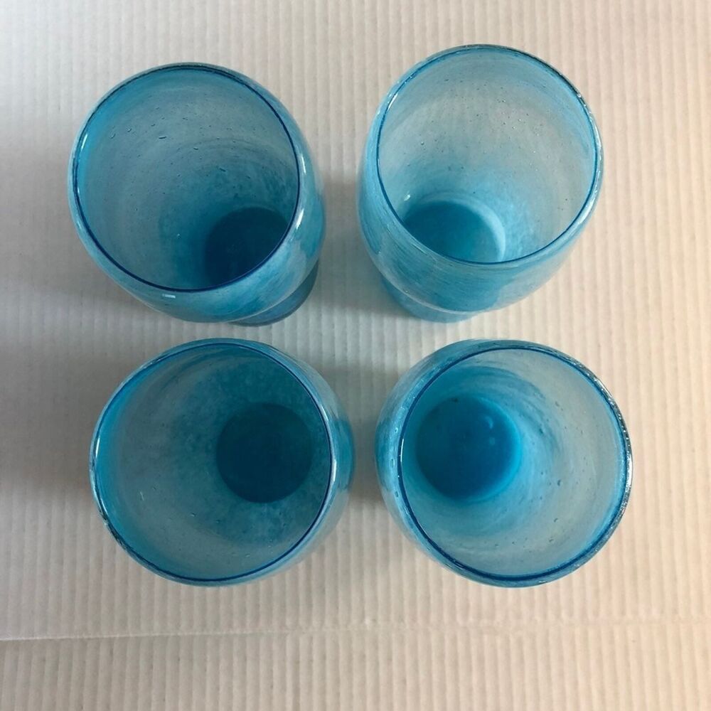4 Handblown art glass swirl white and Aqua vintage glasses - Picture 2 of 14